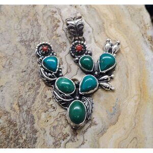 Turquoise & Coral Prickly Pear Cactus Pendant Sterling Silver Southwest Unisex